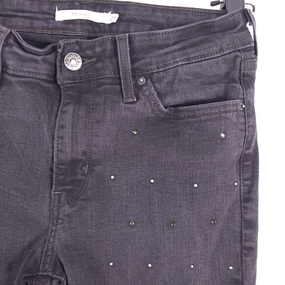Levis Jeans 711 Womens Size 29 x 25 Black ankle Studded Rhinestone Distressed - Picture 2 of 12